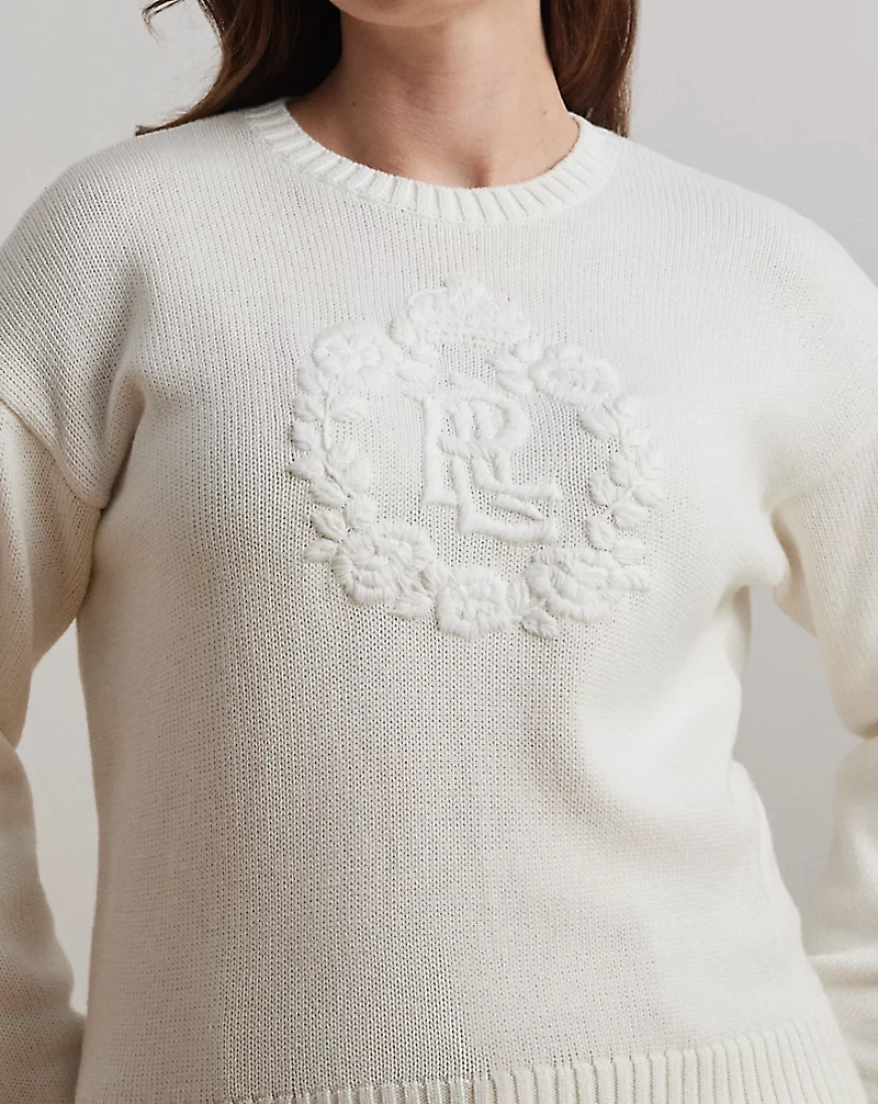 Floral-Logo Combed Cotton Sweater