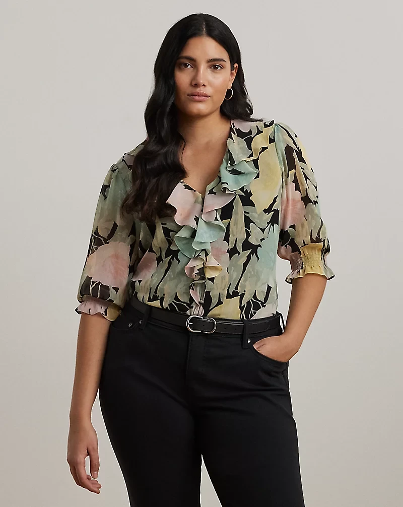Floral Georgette Ruffle-Trim Blouse
