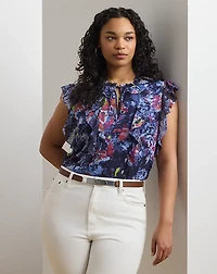 Print Ruffle-Trim Georgette Blouse