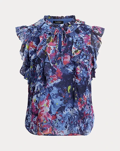 Print Ruffle-Trim Georgette Blouse
