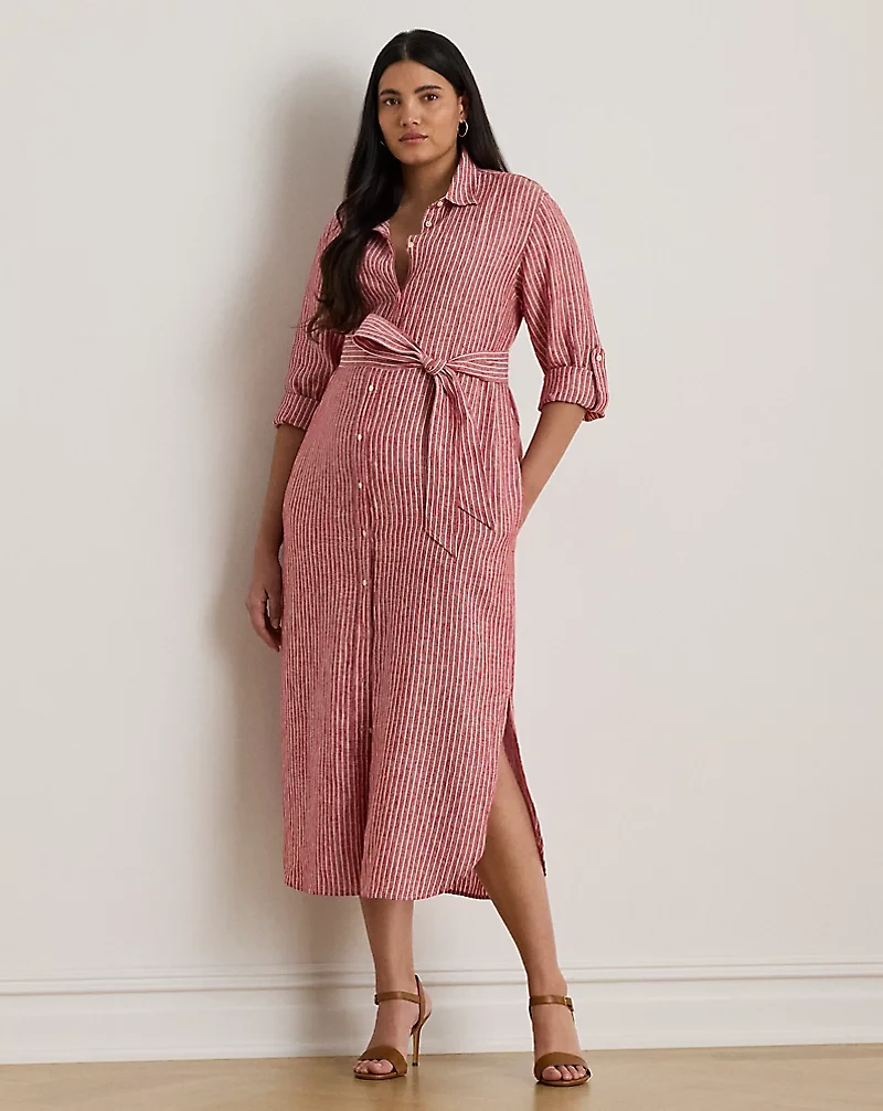 Striped Linen Roll-Tab-Sleeve Shirtdress