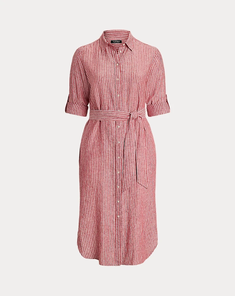 Striped Linen Roll-Tab-Sleeve Shirtdress
