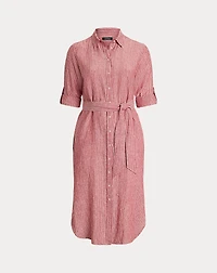 Striped Linen Roll-Tab-Sleeve Shirtdress