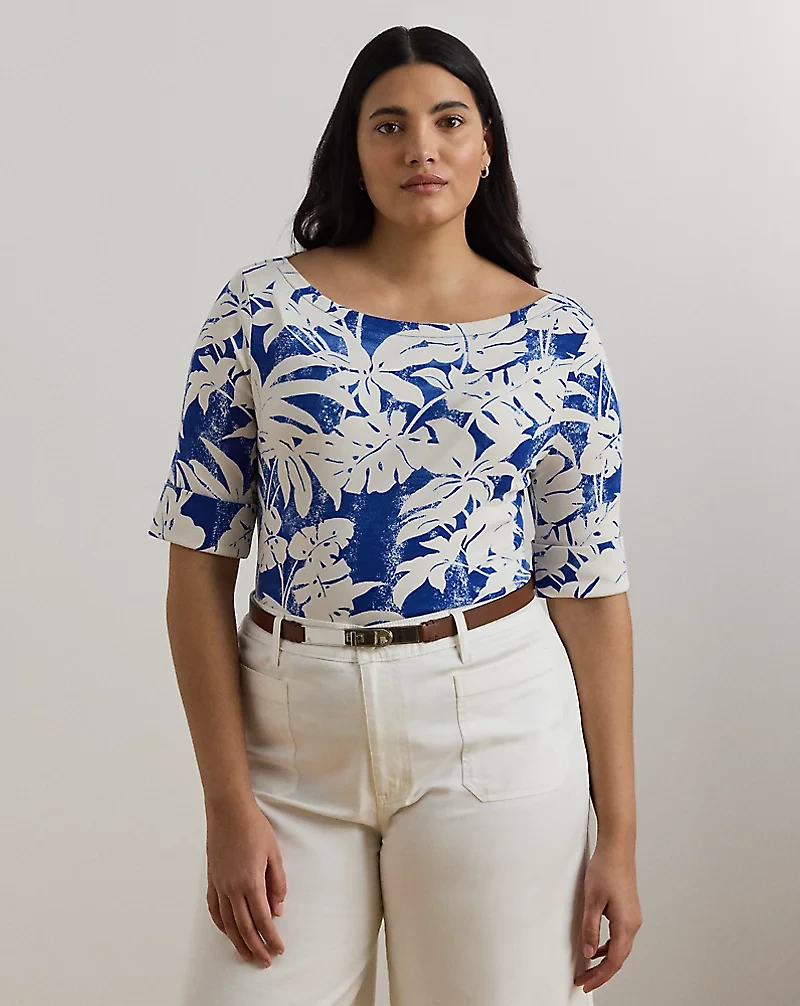 Palm-Frond-Print Cotton Boatneck Tee
