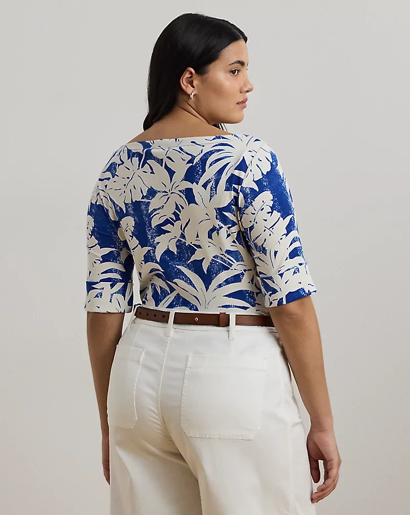 Palm-Frond-Print Cotton Boatneck Tee