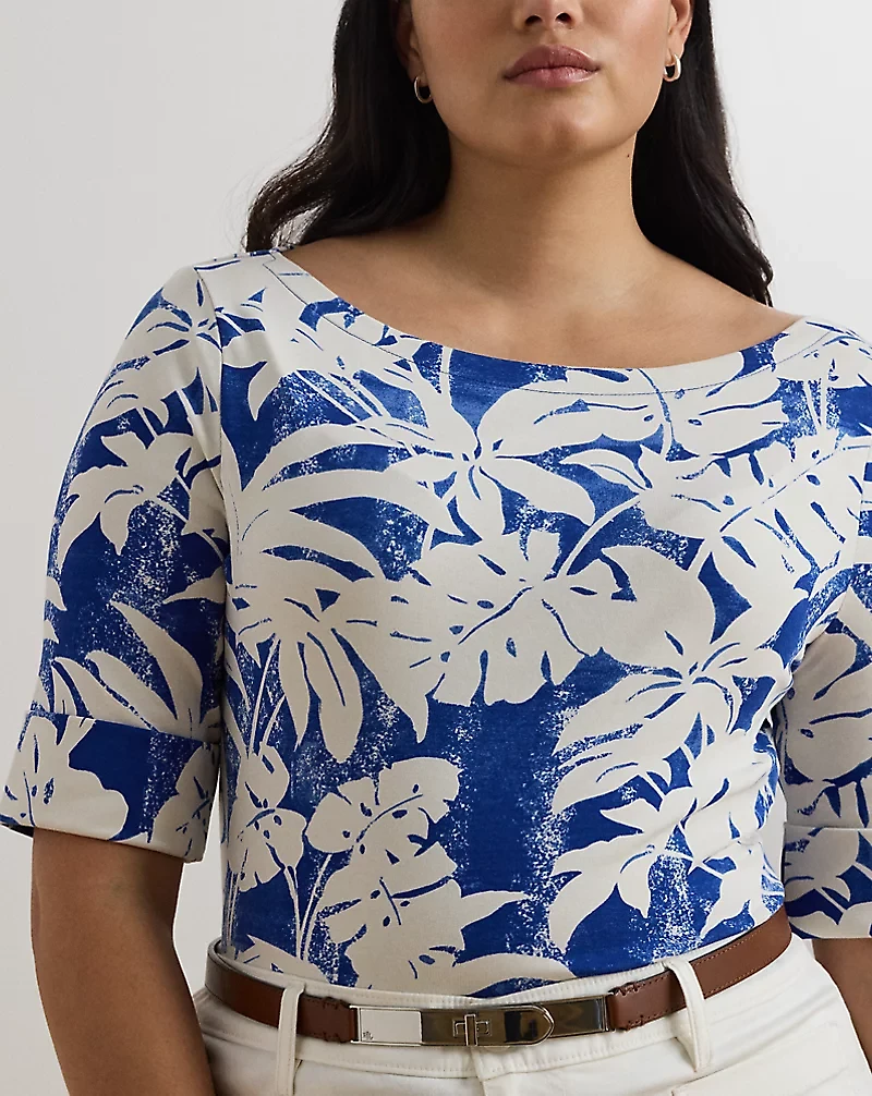 Palm-Frond-Print Cotton Boatneck Tee