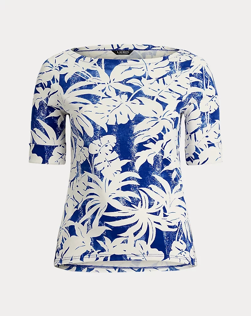 Palm-Frond-Print Cotton Boatneck Tee
