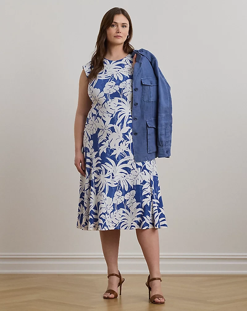 Palm-Frond-Print Stretch Jersey Dress
