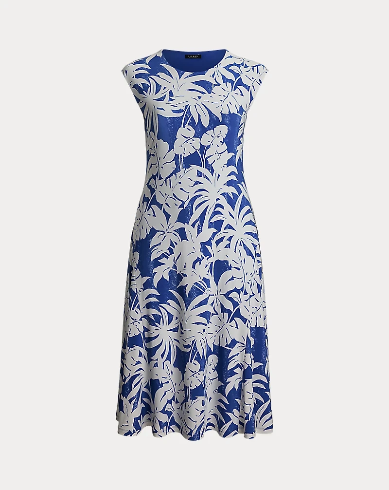 Palm-Frond-Print Stretch Jersey Dress