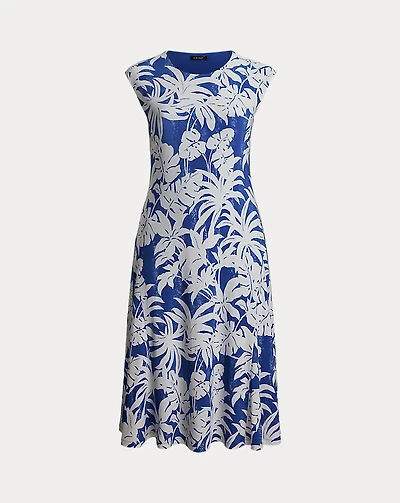 Palm-Frond-Print Stretch Jersey Dress
