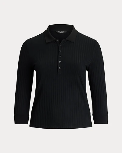 Rib-Knit Three-Quarter-Sleeve Polo Shirt