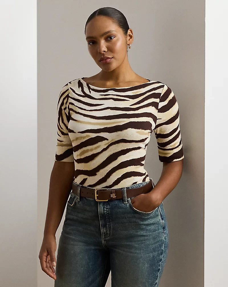 Zebra-Print Stretch Cotton Boatneck Tee