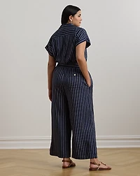 Striped Belted Twill Wide-Leg Jumpsuit