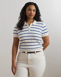 Striped Cable-Knit Cotton Polo Sweater