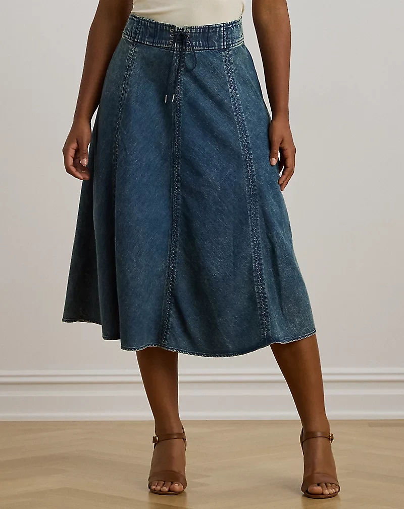 Denim Drawcord Midi Skirt