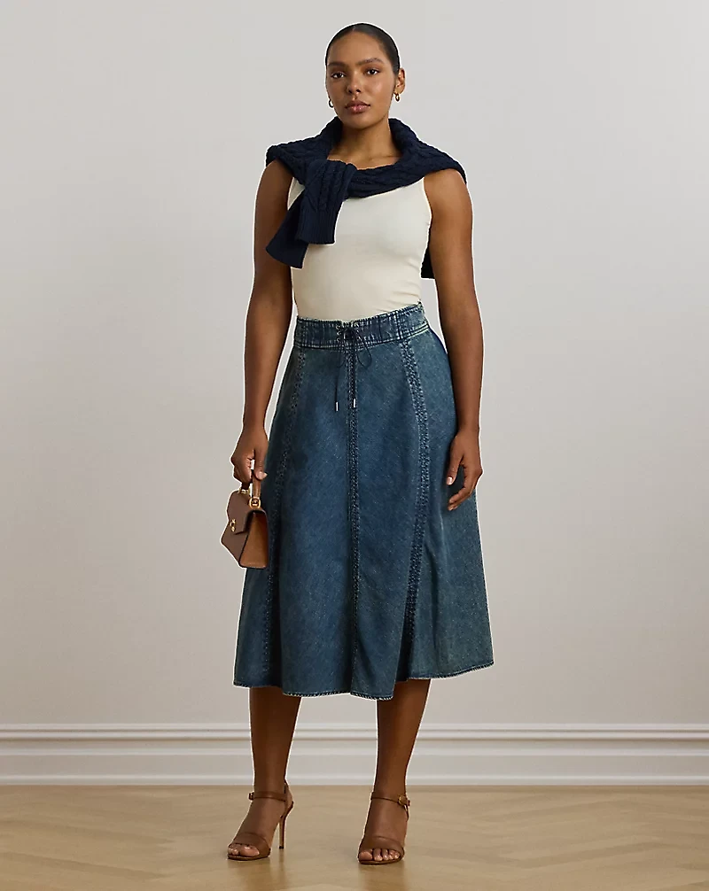 Denim Drawcord Midi Skirt