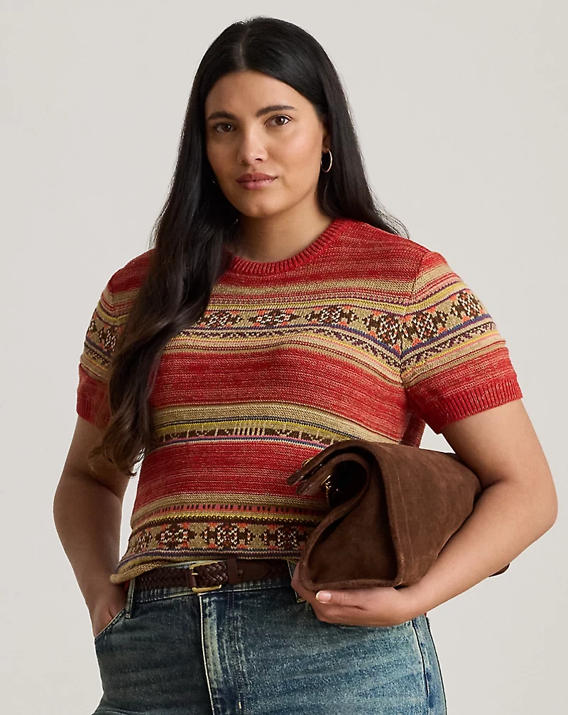 Geo-Striped Short-Sleeve Sweater
