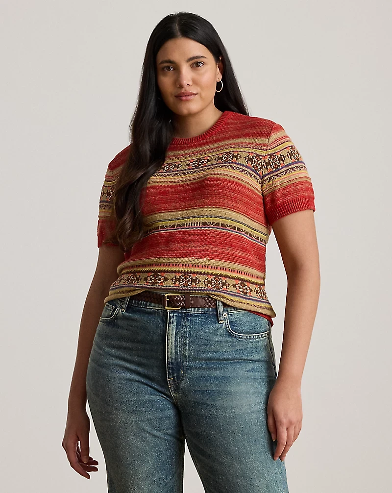 Geo-Striped Short-Sleeve Sweater