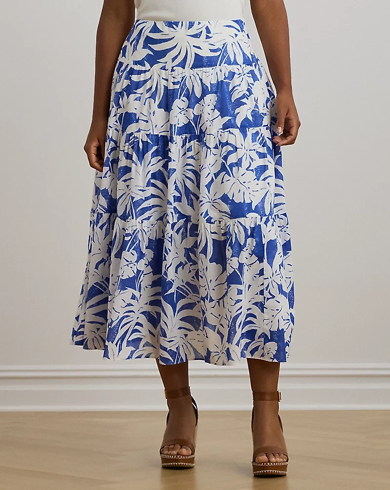 Palm-Frond-Print Voile Tiered Skirt
