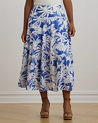 Palm-Frond-Print Voile Tiered Skirt