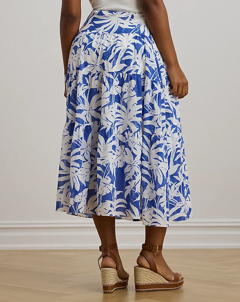 Palm-Frond-Print Voile Tiered Skirt