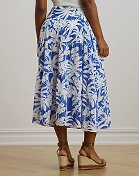 Palm-Frond-Print Voile Tiered Skirt