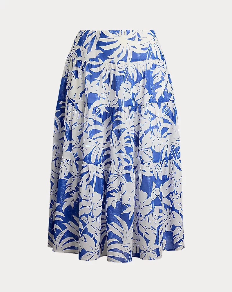 Palm-Frond-Print Voile Tiered Skirt