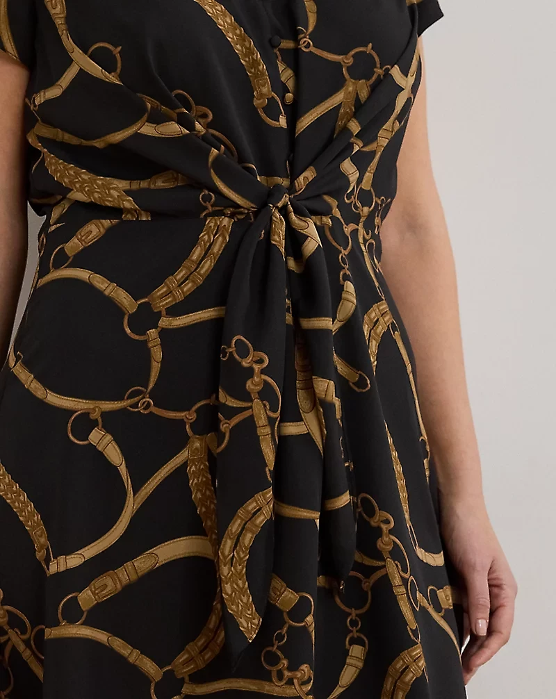 Belting-Print Crepe Tie-Front Dress