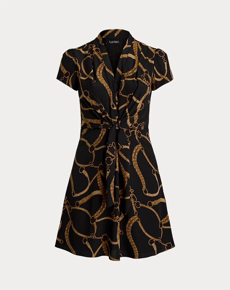 Belting-Print Crepe Tie-Front Dress