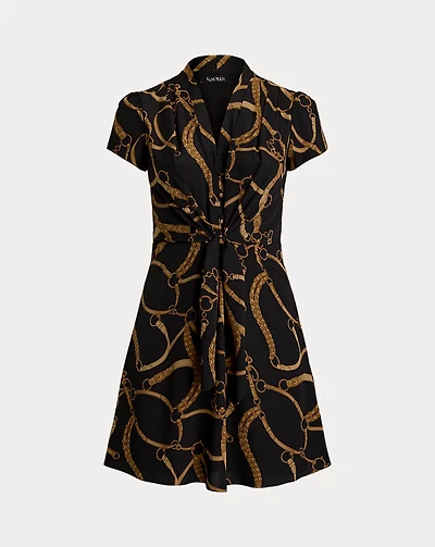 Belting-Print Crepe Tie-Front Dress