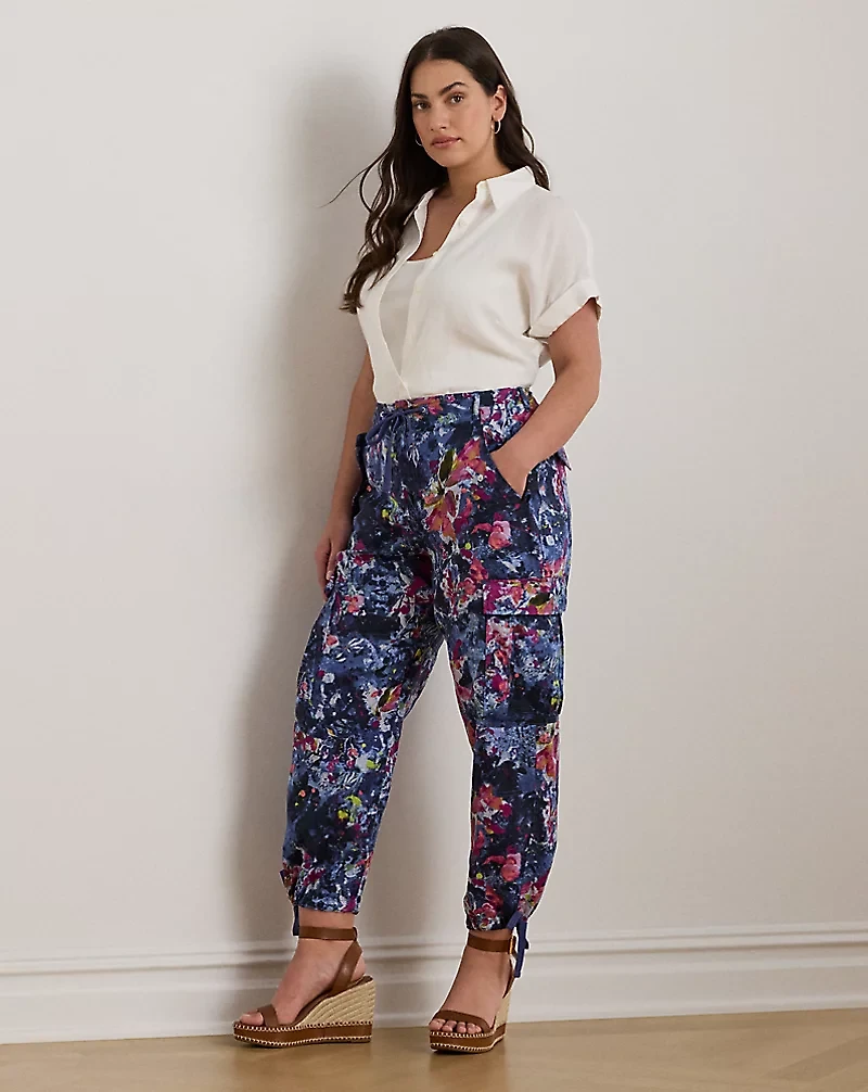 Print Linen Cargo Ankle Pant