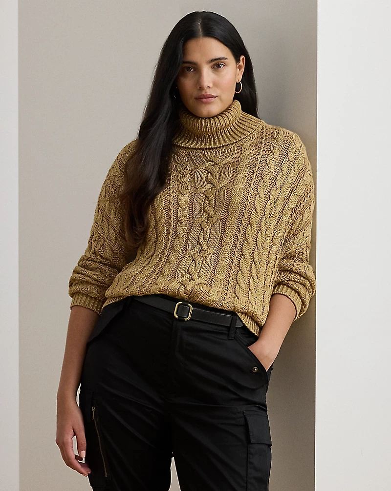 Metallic Cable-Knit Turtleneck Sweater