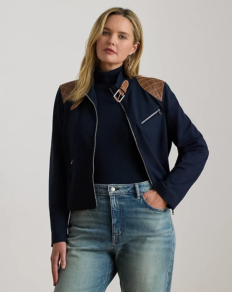 Faux-Leather-Trim Ponte Moto Jacket