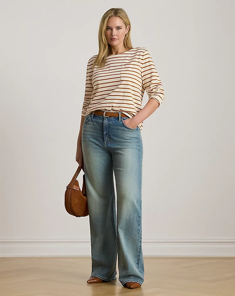Striped Jersey Snap-Trim Boatneck Top