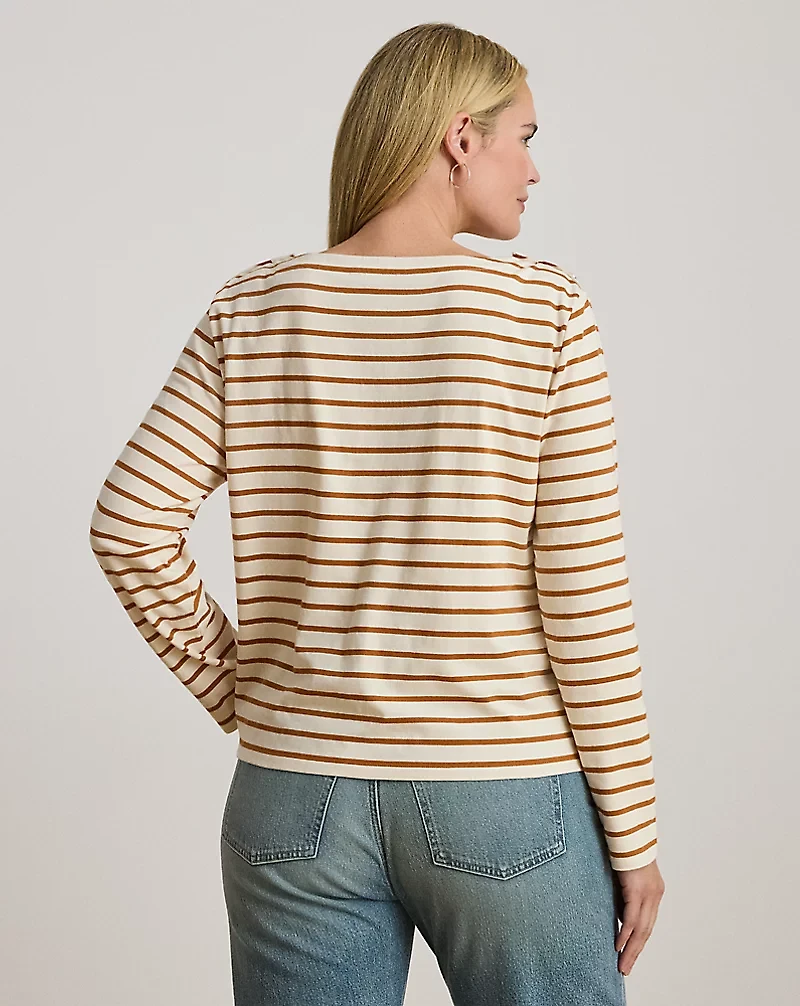 Striped Jersey Snap-Trim Boatneck Top