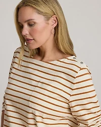 Striped Jersey Snap-Trim Boatneck Top