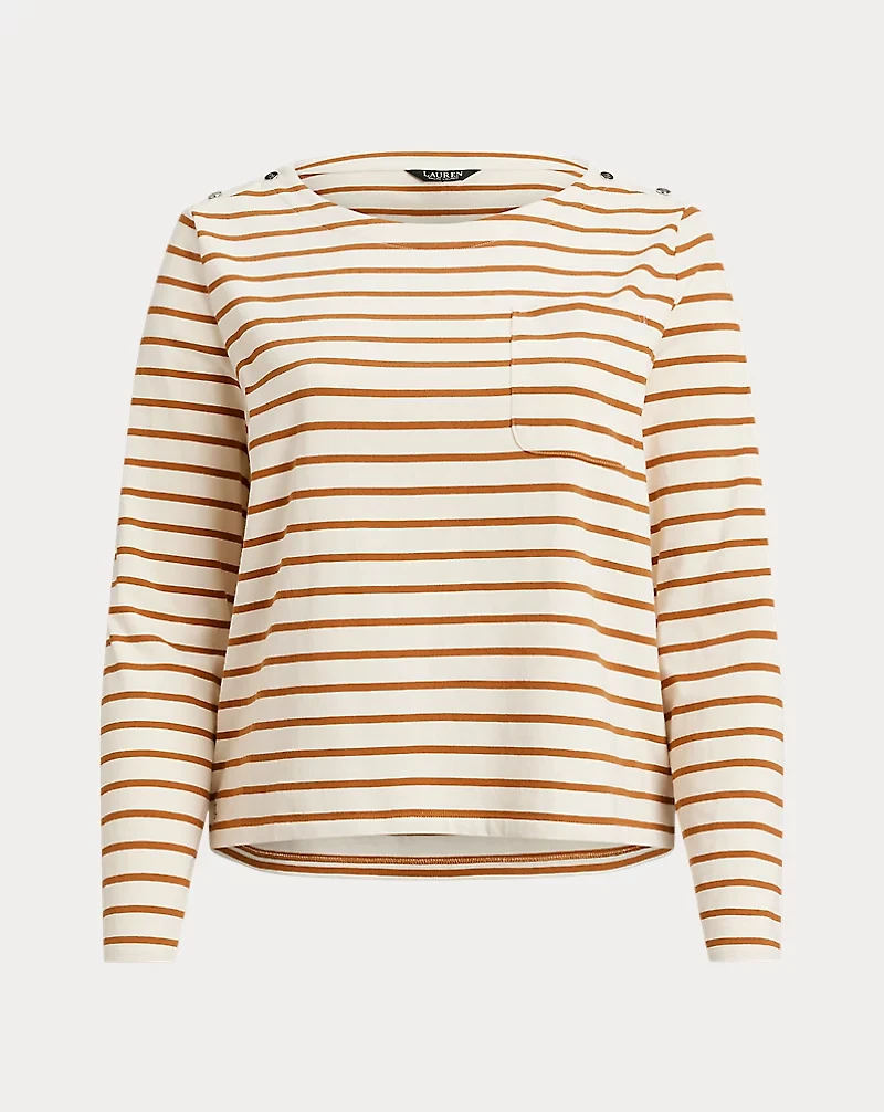 Striped Jersey Snap-Trim Boatneck Top