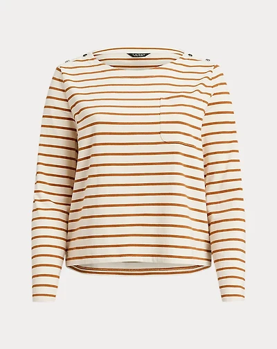 Striped Jersey Snap-Trim Boatneck Top