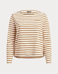 Striped Jersey Snap-Trim Boatneck Top