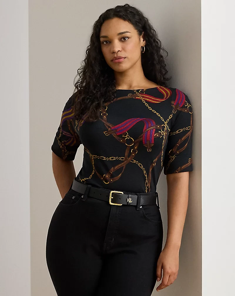 Print Stretch Cotton Boatneck Tee