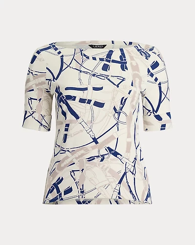 Belting-Print Cotton Boatneck Tee