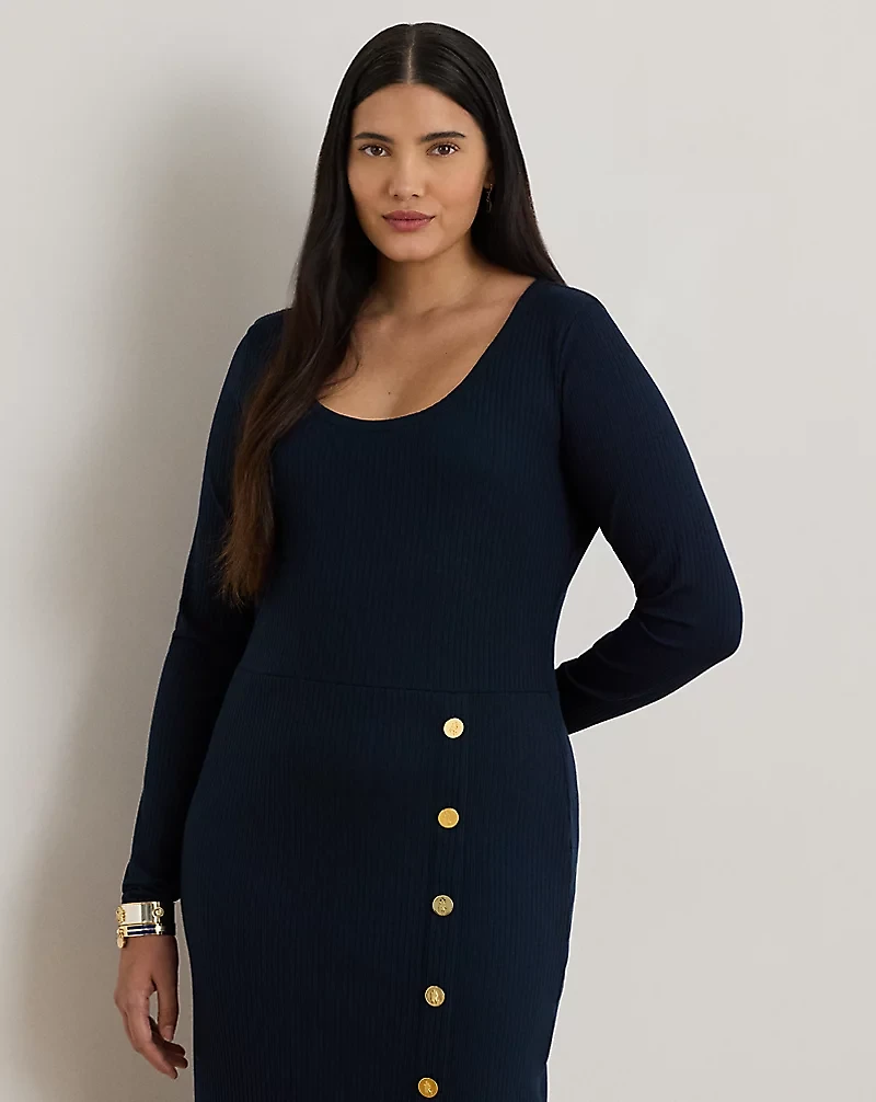 Button-Trim Rib-Knit Dress