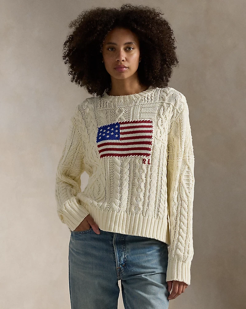 Aran-Knit Flag Cotton Sweater