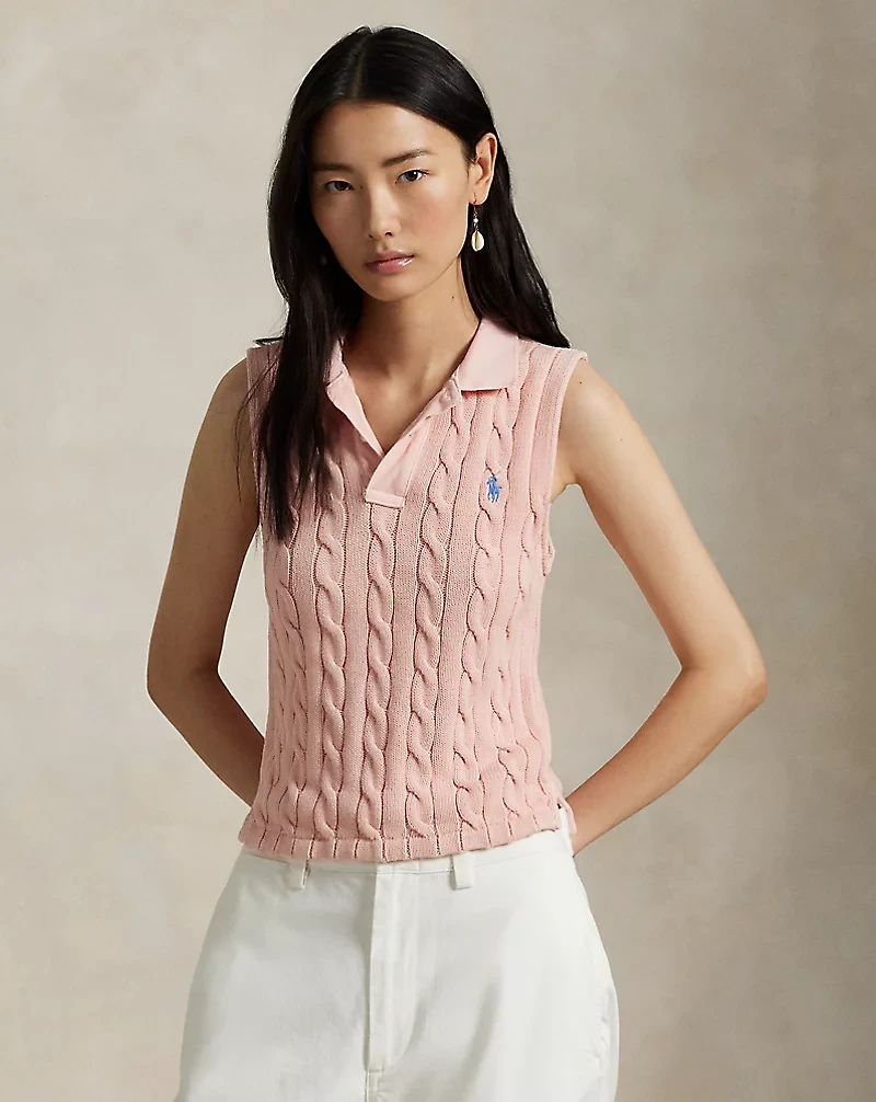 Cable-Knit Cropped Polo Shirt