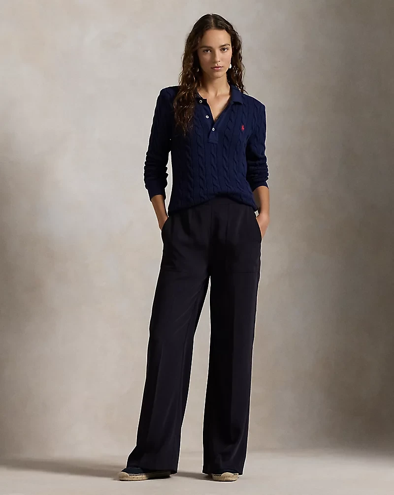 Cable-Knit Cotton Long-Sleeve Polo Shirt