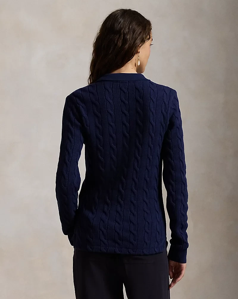 Cable-Knit Cotton Long-Sleeve Polo Shirt