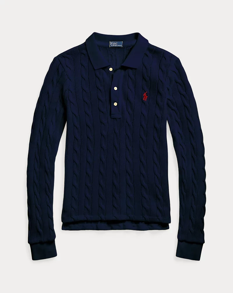 Cable-Knit Cotton Long-Sleeve Polo Shirt