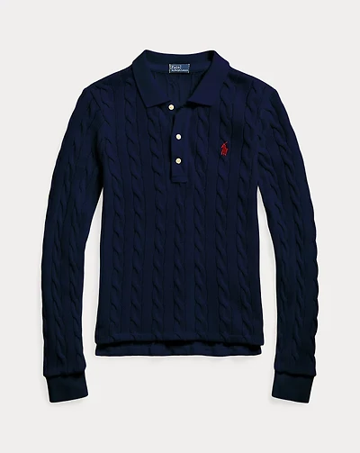 Cable-Knit Cotton Long-Sleeve Polo Shirt