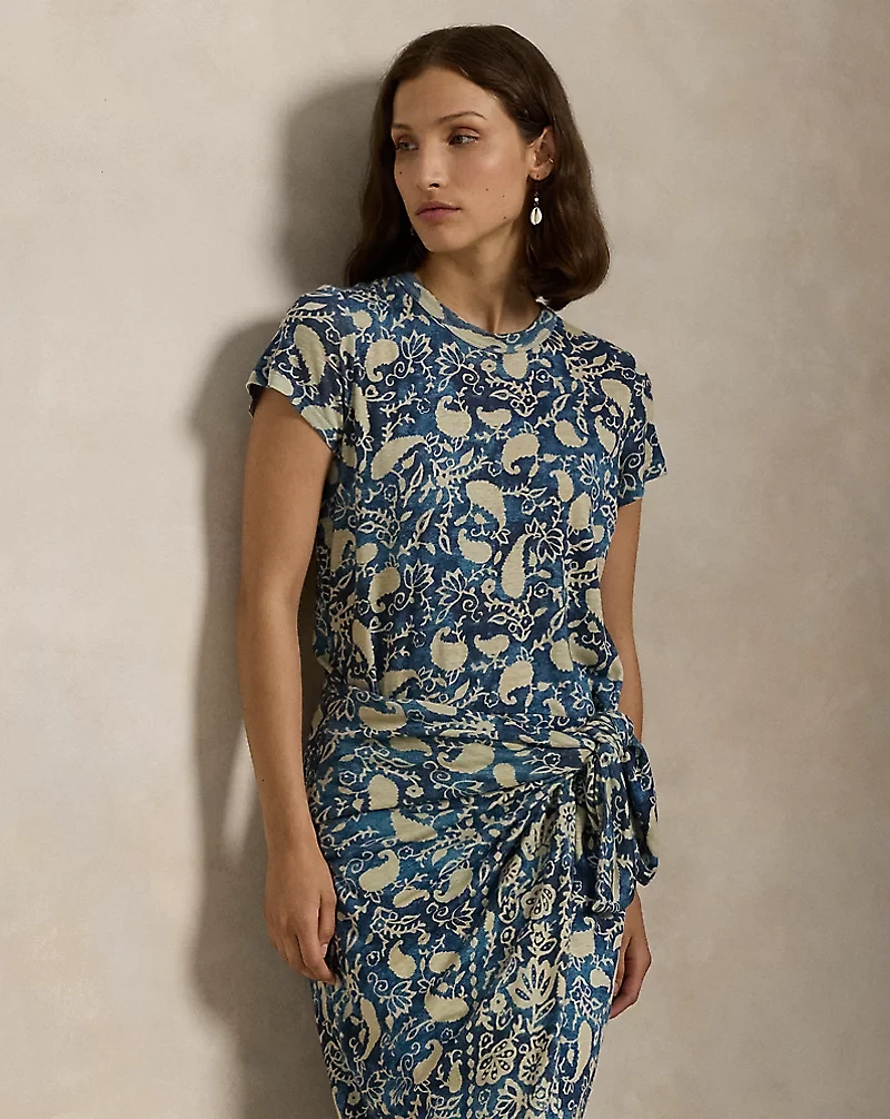 Print Linen Faux-Wrap Dress