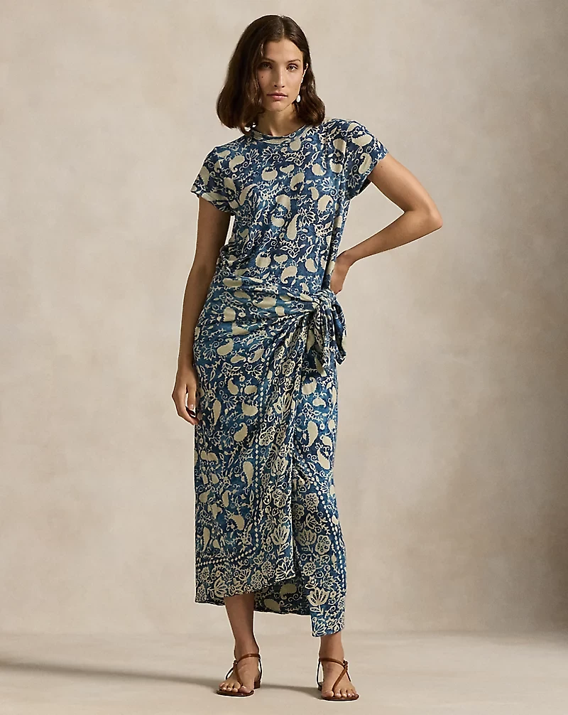Print Linen Faux-Wrap Dress